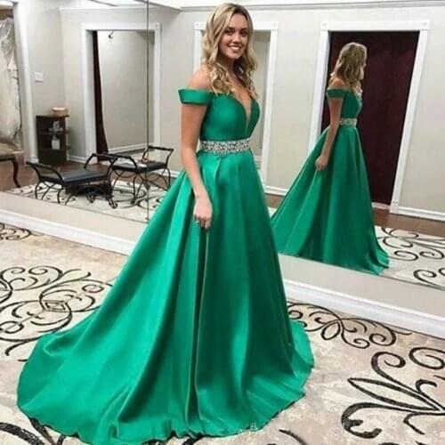 2021 New Fashion Green Off the Shoulder Slim Elegant Evening Dress Simple Tail Banquet Birthday Party Formal Prom Dress A164