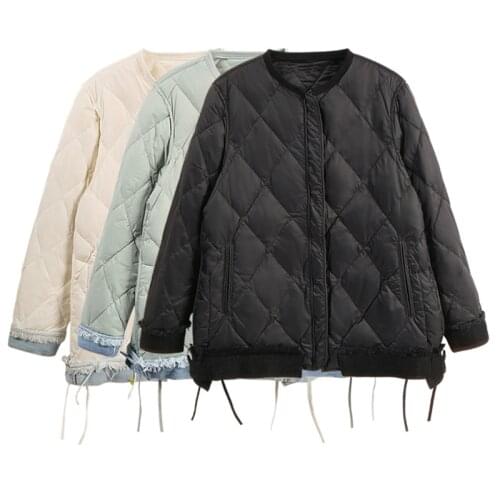 Winter Fashion Womens Solid Down Jacket Round Neck Short Coat Simplicity Style Denim Stitching Down Outwear Female