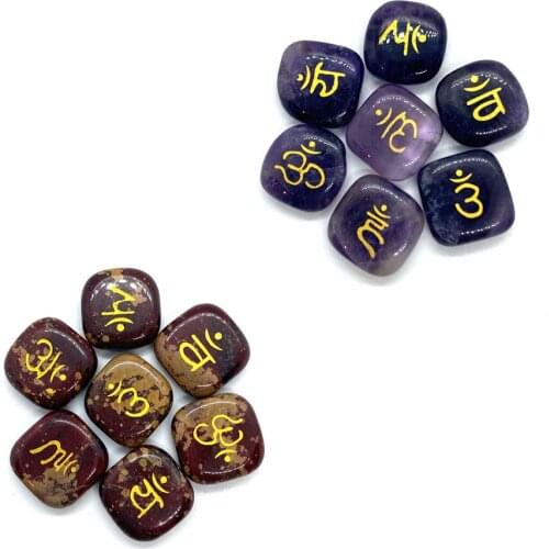 7 Pieces/set of Natural Stone Amethyst Charm Seven Chakra Reiki Stone Carved Symbol Divination Stone Crystal Healing Stone 20 Mm