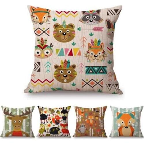 Woodland Animals Sofa Cushion Cover Forest Fox Racoon Owl Bear Deer Fox Cute Cartoon Baby Kids Room Decoration Throw Pillow Case