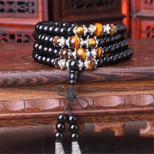 Black 108 Prayer Beads Tiger Eye Stone Bracelet Necklace Crystal Strand Mala Rosary Buddhist Buddha Lover Lucky Amulet Jewelry