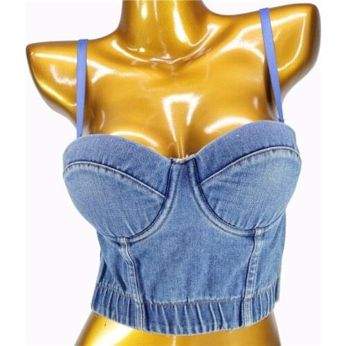 Cupnaya Women Stretch Denim Blue Spaghatti Strap Crop Top Sexy Ladies Club Dance Bralette Short Cami Tanks Size 34 36 38 40