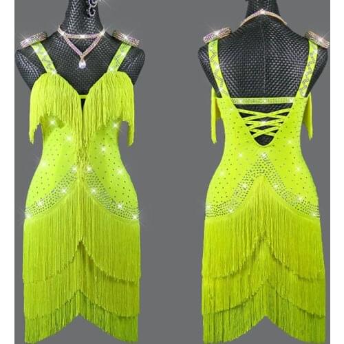 Fluorescent Yellow Latin Dance Dress Women Summer Latin Competition Clothes Adult/Girls Samba Rumba Costumes Stage Wear DNV15094