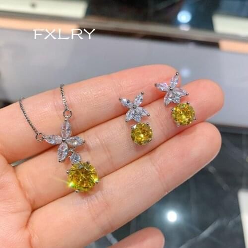 FXLRY Fashion elegant yellow/pink cubic zircon Flowers pendant necklace earring womens jewerly sets
