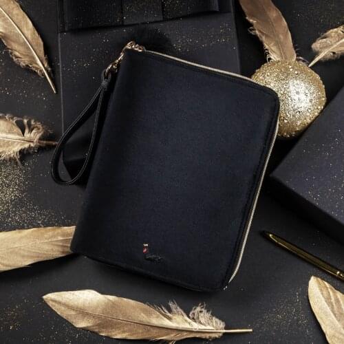 Kinbor Fashion Black Hand Notebook A6 Planner Large Zipper Bag Capacity Handbill Plaid Diary Gift Set