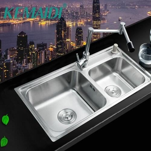 KEMAIDI Kitchen Sink Stainless Steel Vessel Kitchen Washing Dishes Double Bowl Brass Swivel Kitchen Sink Faucet Kitchen Set