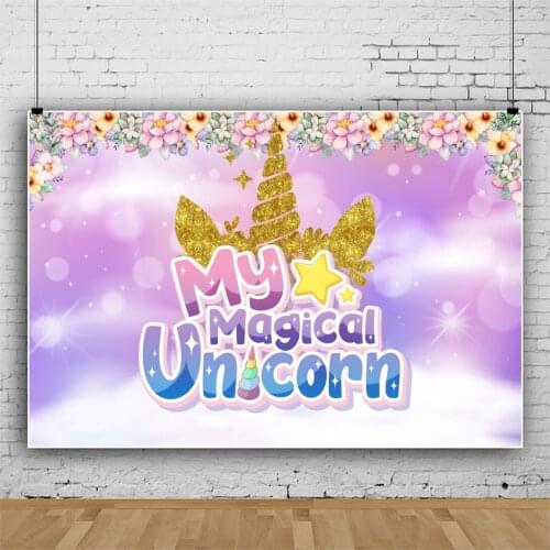 Laeacco Cartoon Dreamy Unicorn Baby Shower Birthday Purple Background Flower Light Bokeh Child Photocall Poster Photo Backdrops