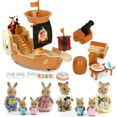 1:12 Forest Animal Family Seaside Series Pirate ship Adventure Set DIY DollHouse Accessories Bunny Panda Dolls Birthday Gifts
