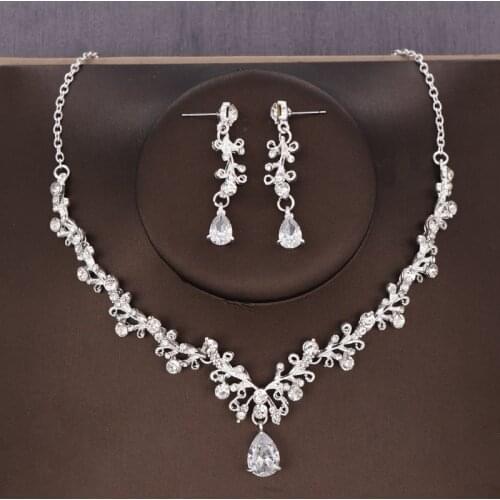 Newest Silver Color Rhinestone Necklace Earring Set Tiara Crystal Bridal Women Jewelry Ornament Wedding Accessories Dropshipping