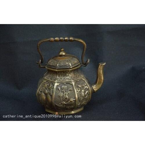 Very rare Qing Dynasty (KangXi-1736-1795) cooper Flagon/Teapot,Sculpture lotus,mandarin duck&Flower,Free shipping