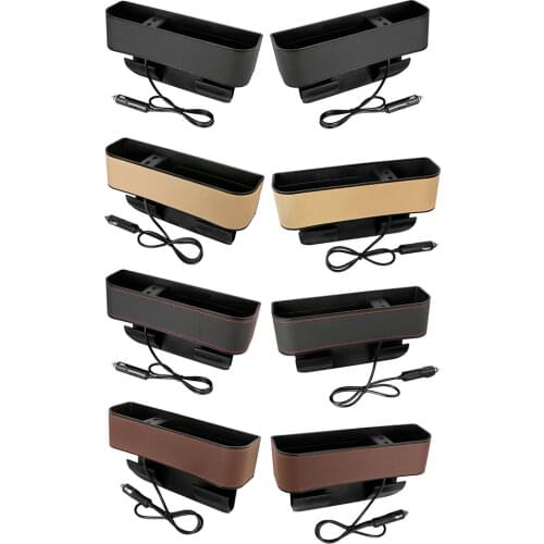 PU Leather Car Seat Gap Organizer Driver Passenger Side Seat Crevice Filler Storage Box Console Side Pocket Dual USB Charger Cup