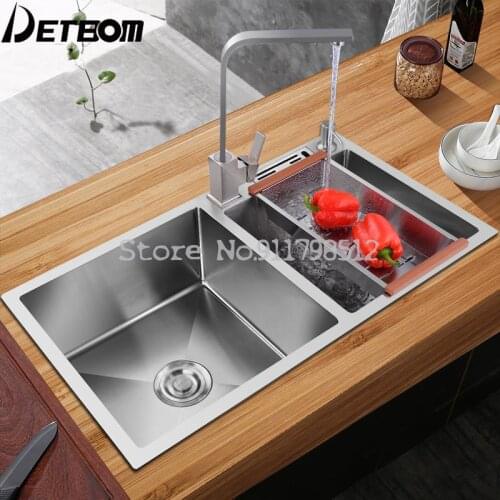 Handmade Sink Double Trough 304 Stainless Steel Vegetable Sink Sink Sink Sink Package Three-hole Sink With Knife Holder Thickene