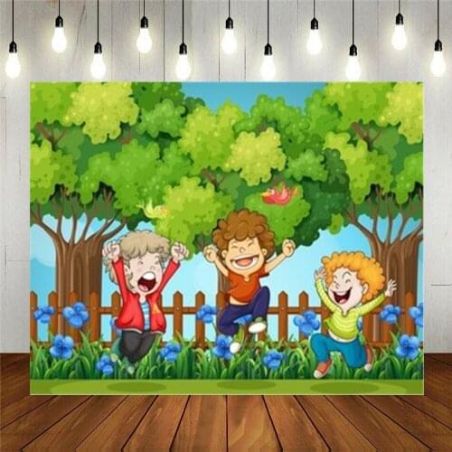 Photo Studio Props Vinyl Photography Backdrop Three Boys Jumping In The Park Kids Birthday Party Decoration Customizable Text