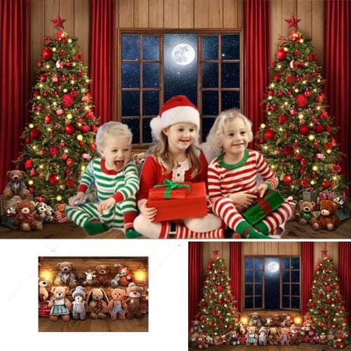 Christmas Photography Backdrop Kids Child Toy Bear Christmas Tree Decoration Window View Moon Wood Floor Background PhotoStudio