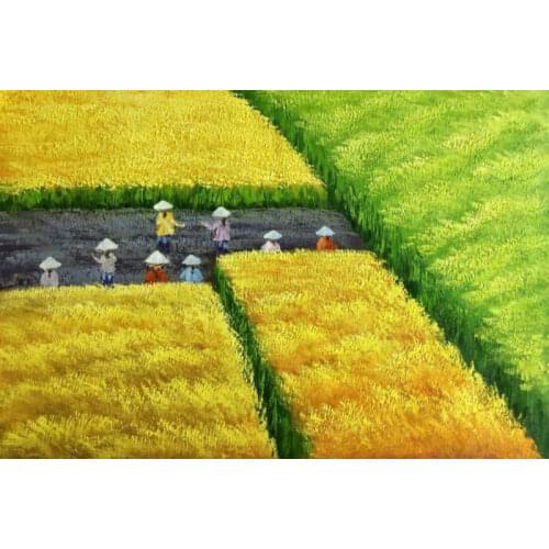 Hand Painted Modern Abstract Vietnam Harvest Scene Yellow and Green Landscape Oil Painting Canvas Wall Art Home Decoration