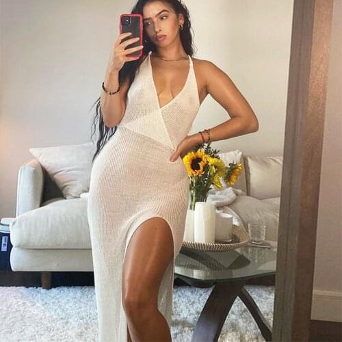 Sexy Beachwear Crochet Beach Maxi Dress For Women See Through Sexy Plunge Backless Bandage Sleeveless Lacing Split Long Dresses
