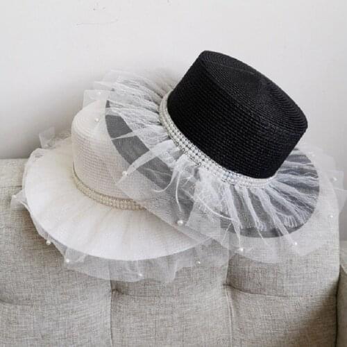 Retro Flat Top Big Straw Hat Elegant Ladies Sun Hats Travel Holiday Visor Hats Vintage Women Pearl Lace Beach Hat Black White