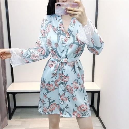 Light Blue Sweet Lace Trim Kimono Robe Gown Set Sexy V-Neck Backless Nightdress Flower Print Sleepwear Spring Satin Home Dress