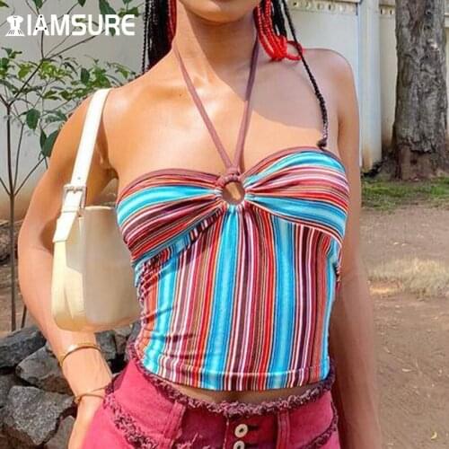 IAMSURE Y2K Aesthetic Hollow Out Halter Top Beach Style Holiday Sexy Sleeveless Crop Tops Women 2021 Fashion Casual Tank Top
