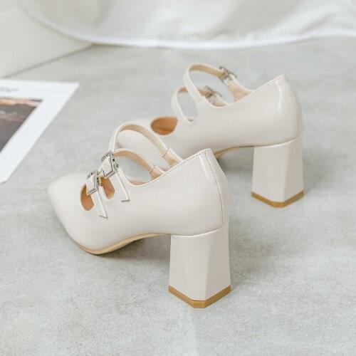 Womens Pumps thick heel 2021 new Mary Jane shoes Luxury design high heel summer Waterproof Platform leather shoes women apricot