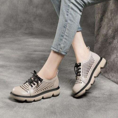 2021 Spring and Summer New First Layer Cowhide Thick-soled Hollow Single Shoes Leather Round Toe Casual Lace-up Womens Shoes