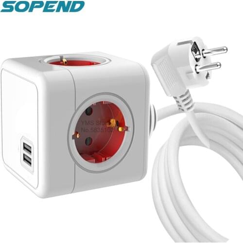 Sopend PowerCube Extended Socket Wall Smart EU Adapter Strips Plug Power Strip Extension 1.5m Cable with USB Multi Outlet 4 Port