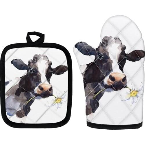 Watercolor Cow with Daisy Flower Print Oven Mitts Pot Holders Set Heat Resistant Kitchen Microwave Glove Potholder Cooking Tool