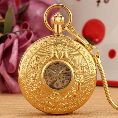 High-End Gorgeous Double Open Automatic Machine Pocket Watch Characters Ring Bell Pattern Pendant Necklace Thick Chain Clock