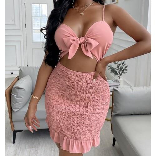 Wepbel 2pcs Sets Outfits Pencil Skirts Dress Sets Hollow Out Dress Sets Pink Clubwear Women Sexy Mini Skirts Camis Tops