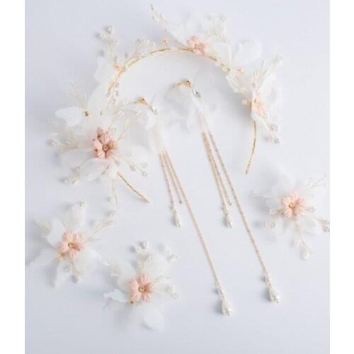 Pink Flower Hair Band Women Tiaras Headpiece Bridal Hair Jewelry girls Headband Crown Wedding Hair Accessories with earrings