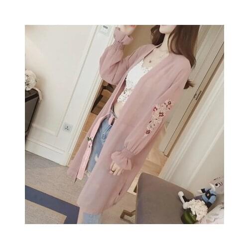 TingYiLi Maxi Kimono Cardigan Women Summer Beach Long Chiffon Cardigan Floral Embroidery Pink Black White Cardigan