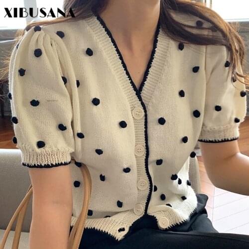 Korea Retro Polka Dot Knitted Tops 2021 NEW Summer Short Puff Sleeve Single-breasted V-neck Sweaters Female Crop Top Shirts