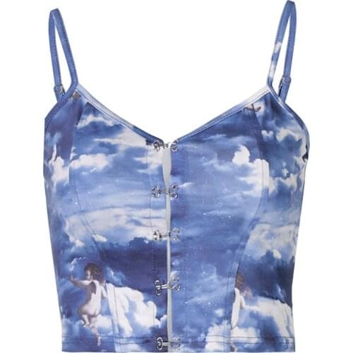 Women Sexy Spaghetti Strap V-Neck Crop Top Cloud Angel Print Hook Eye Camisole