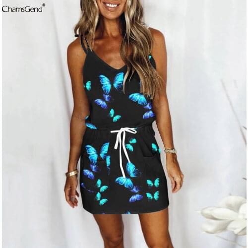 Summer Dress Women Sexy Fashion Butterfly Print V-neck Sleeveless Strap Mini Dress Robe Casual Drawstring Loose Dresses Dropship