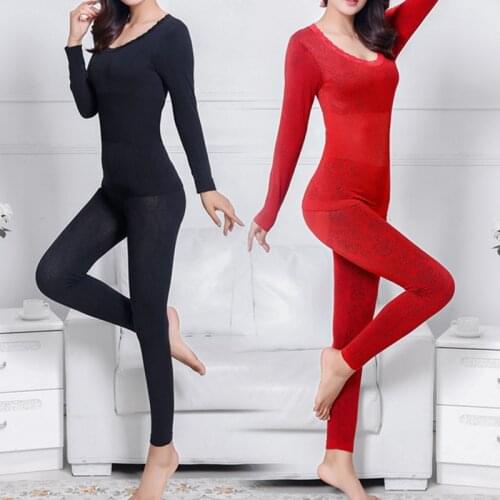 Ladies Sexy Lace Thermal Underwear Clothes Winter Seamless Antibacterial Warm Intimates Print Long Johns Tops + Pants