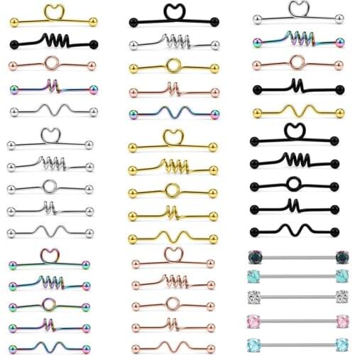 5Pieces Industrial Barbell Earrings Pierced Set Helix Tragus Heart Arrow Earring Cartilage Piercing Jewelry