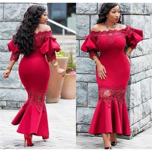Africa Clothing High Quality Women Elegant Sexy Hollow Lace Maxi Dress Female Autumn 3/4 Sleeve Off Shoulder Latern Sleeve Party