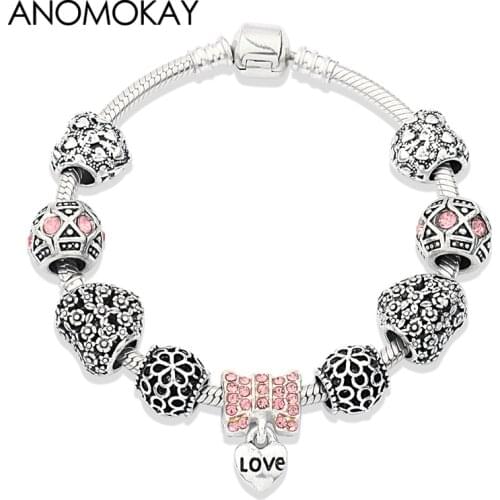 Anomokay New Antique Silver Color Heart Flower Charm Bracelet Pink Crystal Diy Bead Bracelet for Women Girl Jewelry Gift
