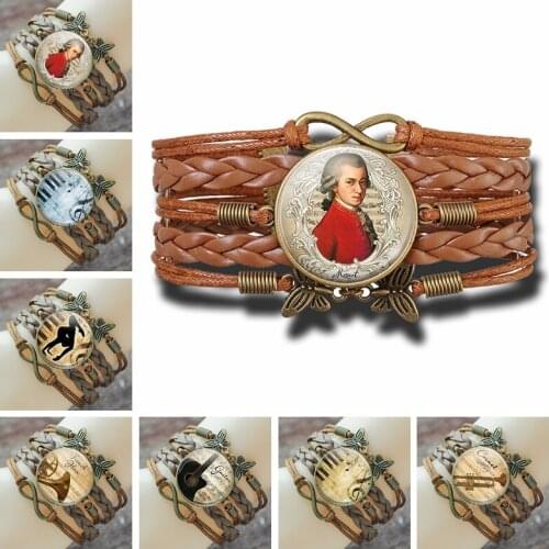 Beethoven and Piano Bracelet Music Instrument Glass Cabochon Brown Multi-layer Leather Bracelet Fashion Jewelry Gifts for Women