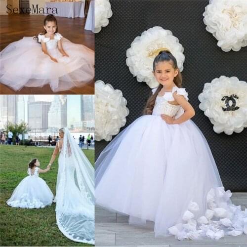 White Puffy Tulle Baby Girls Dresses Handmade Flowers Adorned Kids Pageant Dress Little Girl Birthday Party Wear Princess Gown