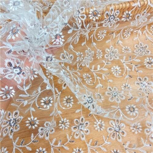 Ivory White Embroidered Flower Sequins Shiny Lace Fabric DIY Wedding Dress Sewing Material V2845