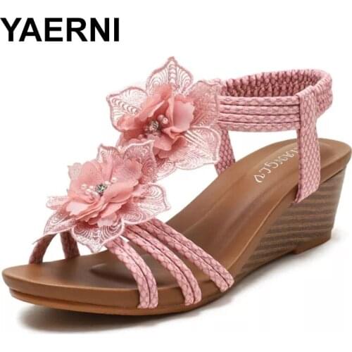 YAERNI Slope Heel Sandals Summer 2021NewEuropean And American Bohemian Retro Flower Sandals41-41 Ladies Large Size Sandals Roman