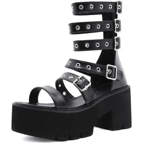 Sexy Belt Rivets Women Platform Sandals Open Toe Wedges Gladiator Ladies Shoes Black Zipper Soft Leather Casual Pumps