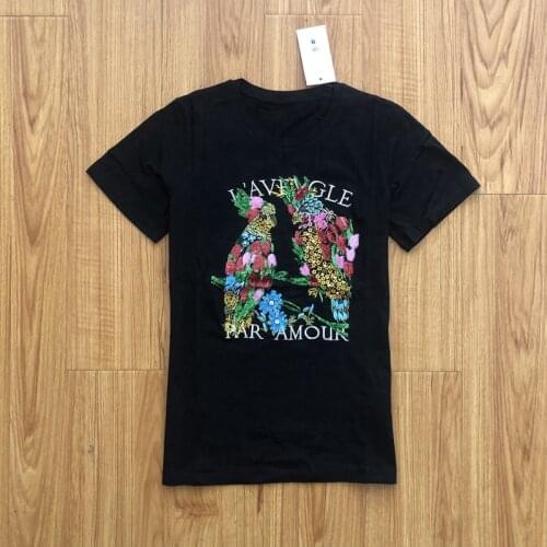 Womens round collar slim embroidered animal design staple cotton round collar T-shirt