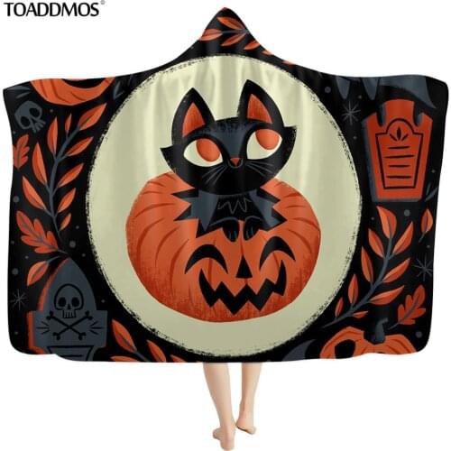 TOADDMOS Halloween Cartoon Cat Pumpkin Print Soft Wearable Hooded Fleece Blanket for Kid Adult Sofa Bedroom Throw Blanket manta