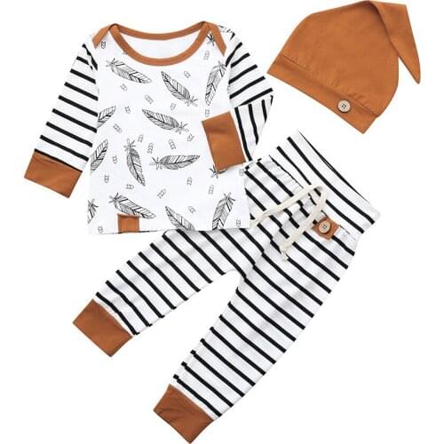 Newborn Baby Boy Girl Feather T Shirt Tops Striped Pants Clothes Outfits Set Одежда Для Новорождëных Dziewczyna Zestawy L4