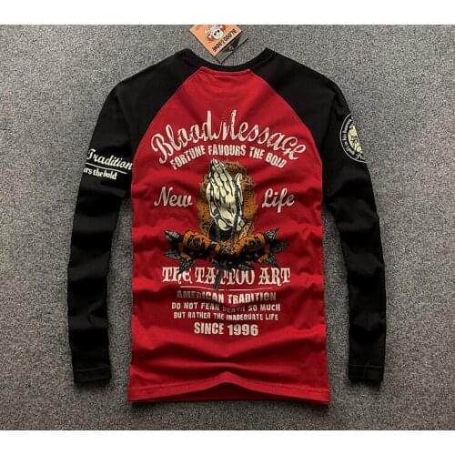 Lotus Print Tattoo T Shirt Mens Casual Cotton Long Sleeve Motorcycle Biker T shirts Hand Beads Painting Hip Hop Tops Tees Shirt