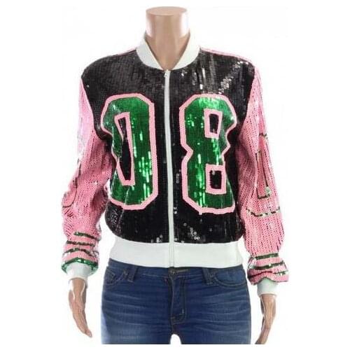 Greek Fashion lady streetwear coat 08 sequins zip up long sleeve sporty bat sleeved pink and green Sorority jackets