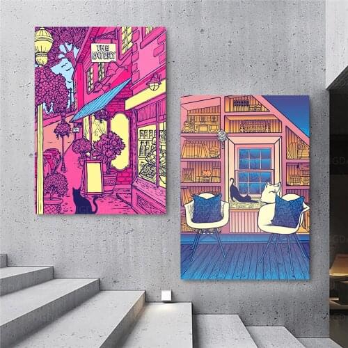 HD Print Cartoon Landscape Canvas Painting Modular Comics Cat Poster Wall Art Building Pictures Frame Home Decor For Living Room