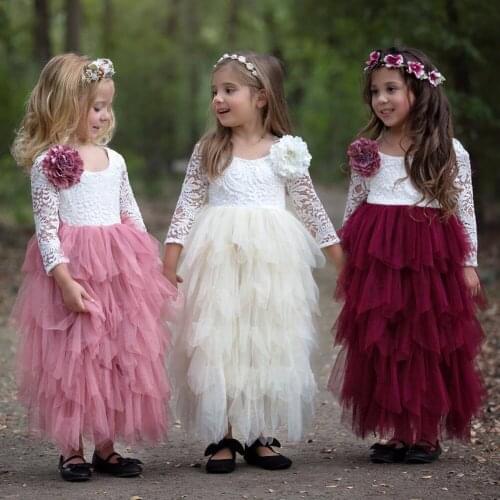 Flower Girls Summer Dress 2021 Princess Party Kids Lace Dresses For Girls Wedding Dress Long Sleeve Backless Children Costumes